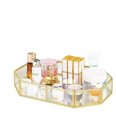 China Viable Eyebrow Brush Shelf Cosmetics Container Vanity Tray Gold Lace Desktop Glass Makeup Storage Box for sale