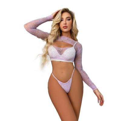 China 2pcs/set Women Sexy Lingerie Hollow Out Long Sleeve Crop Top With G-String Thong for sale