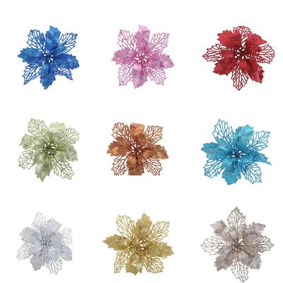 China Festival Stuff Christmas Glitter Poinsettia Artificial Silk Flower Picks Christmas Tree Ornaments For Christmas Tree Garland Holi Garlands for sale