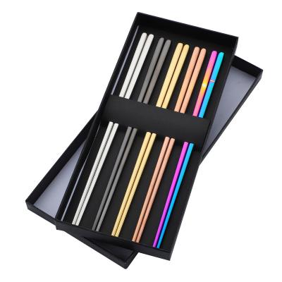 China Colorful Fashion Square Metal Traditional Chopsticks 304 Stainless Steel Chopsticks 5 Sets With Box for sale