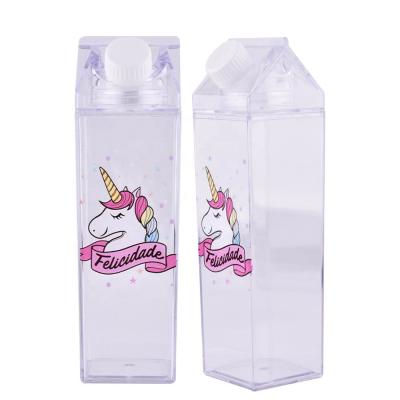 China Sustainable Custom Milk Cup BPA Free Cardboard Beverage Plastic Square Box Shape Unicorn Plastic Water Bottle for sale