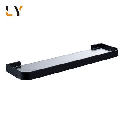 China Bathroom Friendly Large Black Glass Wall Stainless Steel Balance Bracket Hanging Shelf Rack for sale