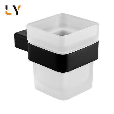 China Modern Simple Luxury Black Bathroom Wall Mounted Toothbrush Cup Holder Glass Tumbler for sale