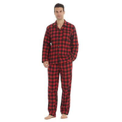 China Polyester/Cotton Flannel Pajamas For Men Set Long Sleeve Cotton Loungewear Sleepwear Soft Plaid Shirt Pants Button Down Pajamas Top Bottom for sale