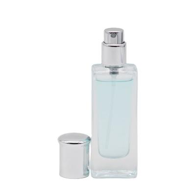 China Personal Care 30ml Square Spray Transparent Glass Perfume Bottle Packaging Bottle With Silver Perfume Pump for sale