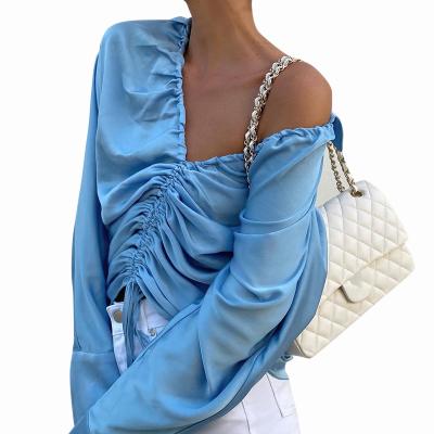 China New Sustainable Fashion Women's Autumn The New Long Sleeve T-shirt Pure Color Pleated Sleeve Lapel Blouse Strappy Top Blouse for sale