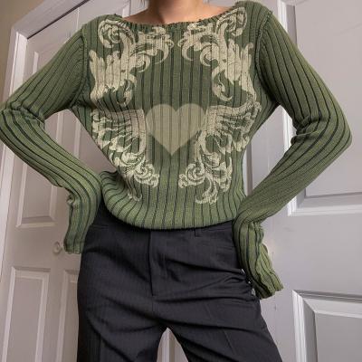 China New vintage love sweater print warm round collar sweater women's woolen long sleeve sweater for sale