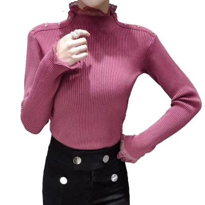 China 2021 Winter Latest Design Falls Half Shoulder Lace Anti-Wrinkle Turtle Neck Knitted Sweater Button Ribs Pullover Women's Sweaters for sale