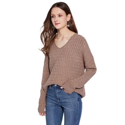 China 2021 Autumn Winter Anti-Shrink Fashion Designed Ladies Knitted Long Sleeve V-Neck Women Pullover Sweater for sale