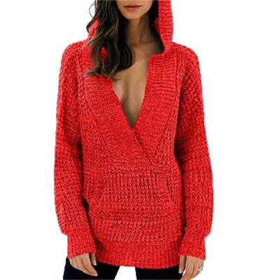 China Custom Knitwear Anti-wrinkle and Comfortable Warm Winter Uses Oversized Red V-Neck Sweater Long Sleeve Sweater Women's Hooded Sweater for sale