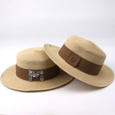 China 2021 Summer Character Wide Brim Straw Hat Solid Color PU Ribbon Flat Dome Straw Hat Outdoor Breathable Women Hats for sale