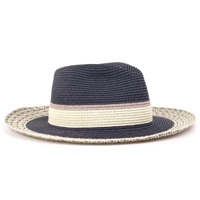 China Striped Paper Beach Straw Hat Logo Custom Printing Summer Sun Straw Fedora Hat Straw Jazz Hat On Ribbon For Promotion Market Team for sale