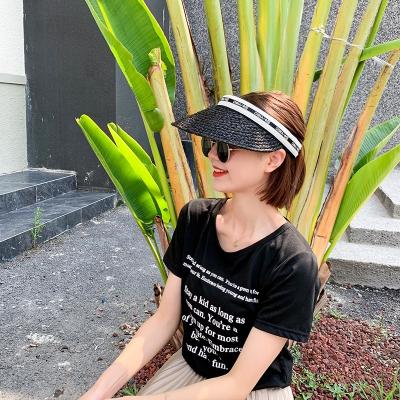 China Custom Outdoor Running Sun Hat Summer Beach Sun Visor Hats Character Women Travel Empty Top Black Raffia Straw Hats for sale