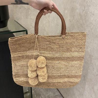 China Fashion Straw Beach Bags Crochet Weave Cotton Large Striped Pocket Summer Women Natural Hand Make Tote Bags for sale