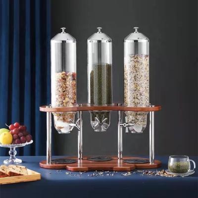 中国 Supplying Stainless Steel+Beech Wood+ PC Buffet Table Top Cereal Dispenser Food Storage Container Triple Dry Cereal Dispenser 販売のため