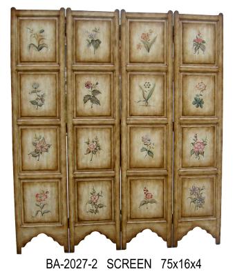 China Vintage Countryside Carving 4 Panel Folding Screen Wooden Screen Room Divider for sale