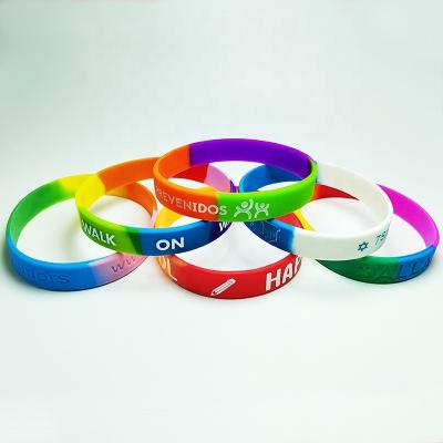 China All Ink Injected print embossed glow Custom Logo Colorful Rubber Wristband debossed fill Rainbow Seg Silicone bracelet for sale