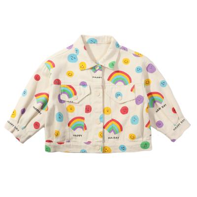 China Custom Made 100% Anti-Wrinkle Wholesale Polyester Satin Rainbow Smile Denim Coat Kids Clothing Jackets Jean Jackets For Kids for sale