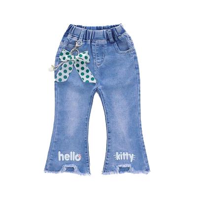 China Factory wholesale breathable temperament children chic color blue bow little girls flared jeans for sale