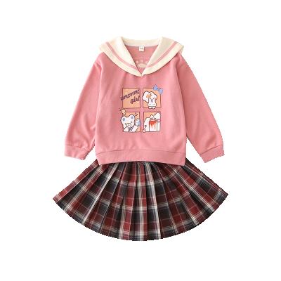 China Lovely Cotton College Style Pure Cartoon Plaid Skirt Suit Sweet Girl Children for sale