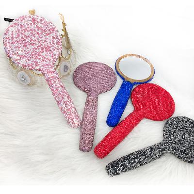 China Personalized Small Metal Rhinestone Logo Makeup Bling Mirror Wholesale Custom Hand Held Cosmetic Mirror Private Label for sale