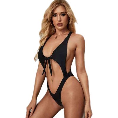 China Women's Hollow Tie Front Backless Thong Monokini Swimwear Plus Size Sexy Tummy Control High Waisted One Piece Swimsuit for sale