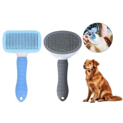 China Blue Self Cleaning Dog Brush Dog Hair Deshedder With Massage Function for sale