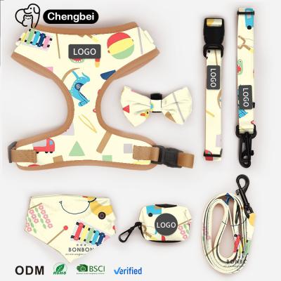 China Custom Pattern Designers Reversible Polyester Pet Harness Sets Personalized Collar Leash and Waterproof Dog Harness Set for sale