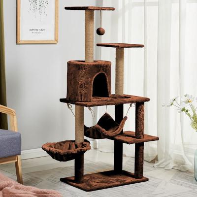 China Cat Scratching Tree Natural Multi-level Platform Wooden  Cat Tree With Hammock for sale