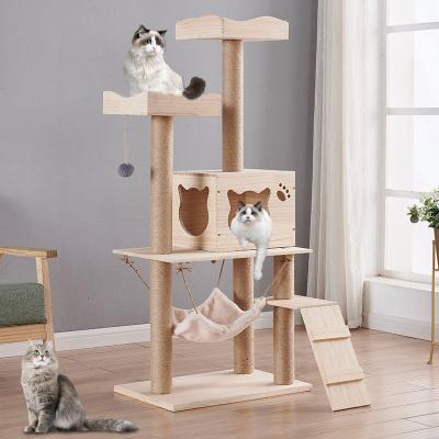 China OEM Wooden Cat Climbing Tree House Multifunction Cat Scratcher Tower for sale