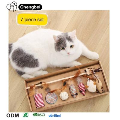 China Cat Teaser Playing Cat Toys Interactive Set Wooden Gift Box 7pcs Cat Teaser Wand for Cats for sale