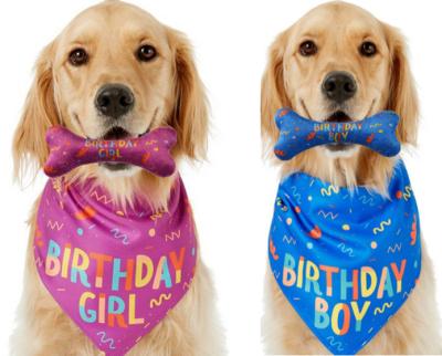 China Dog Birthday Stocked Occasion Bandana Bone Chew Toy Set Pet Custom Printed Bandanas for sale