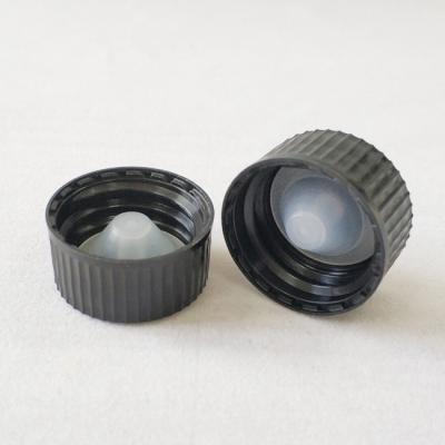 China Non Spill 20mm Black Screw Cap For Round 1oz Boston Glass Bottles for sale