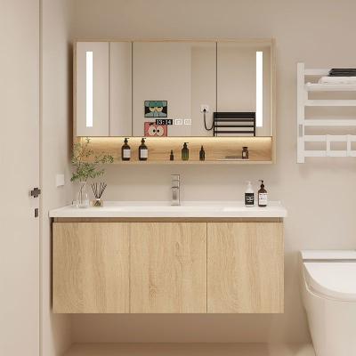 China Simple Simplicity Log Style Bathroom Cabinet Lightweight Luxury Combination Set Ceramic Sink One Piece Cabinet Bathroom Basin Solid Wood Mirror C for sale