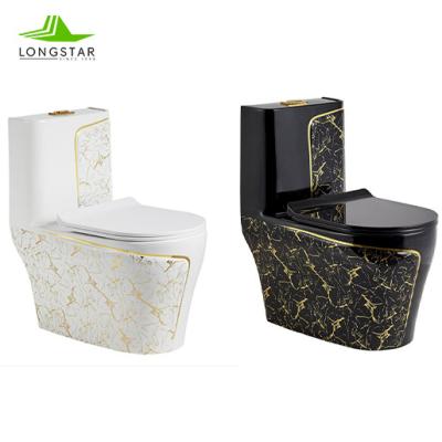 China Wholesale Super Luxury Ceramic 3/6L Longstar Double Toilet Gold Noble Luxury Flush One Piece Toilet 305mm/350mm/400mm Double Strap for sale