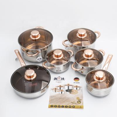 China Sustainable Quality 12pcs German Kitchen Pots For Cooking Set Stainless Steel Cookware Sets With Brown Glass Lid for sale