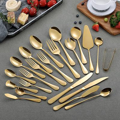 China Viable Luxury Bulk Luxury Spoon Fork Knife Serving Set Cutlery Stainless Steel Gold Flatware Serving Set for sale