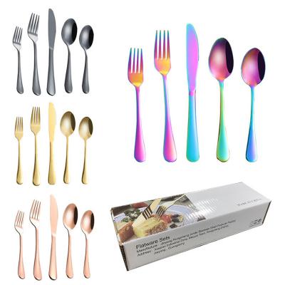 China Sustainable Titanium PVD 20 Pieces Flatware Sets 24 Pcs Stainless Steel Cutlery Set Paper Box Wedding Party for sale