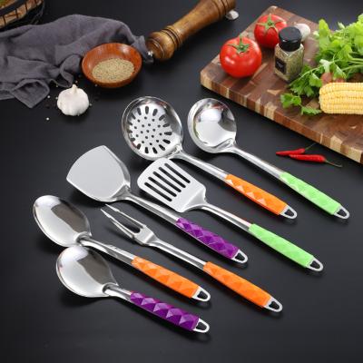 China Sustainable Kitchenware Set Cooking Tools Utensils Set Handle Stainless Steel Kitchen Plastic Cook 500 Pieces Shenzhen Mirror Finish Opp Bag for sale