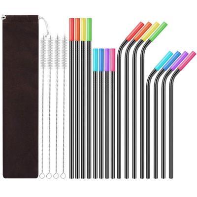 China Black Eco Friendly Stainless Steel Metal Straws Set With Silicon Tips for sale