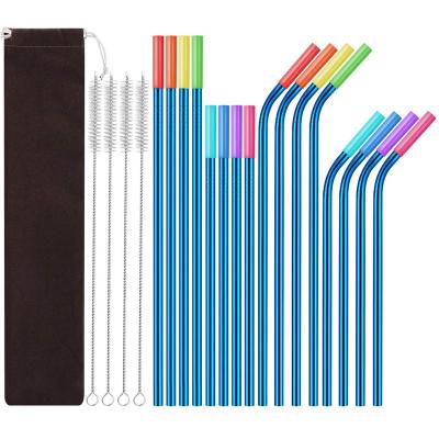 China Eco-Friendly Blue Stainless Steel Straw Drinking Set With Silicon Tips Straws for sale