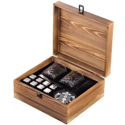 China Sustainable Wooden Case Pack Stainless Steel Ice Cubes Set With Tongs And Glass Mark Cup for sale