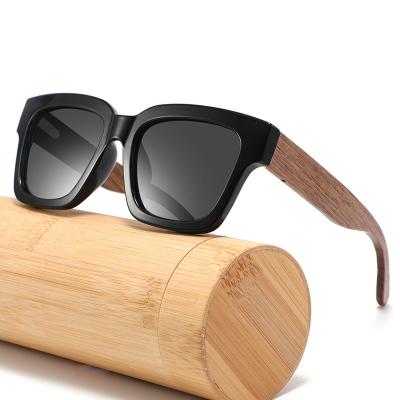 China Custom square logo eyewear PC wooden bamboo frame wooden temples sunglasses for men polarized cat.3 lens for sale