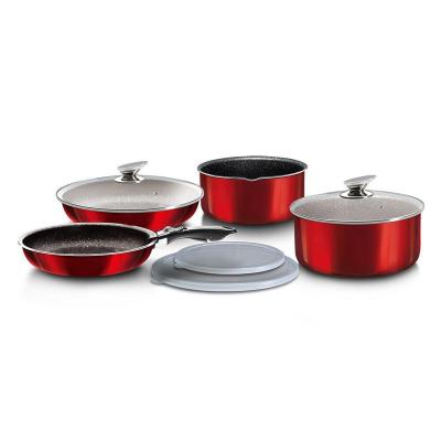 China Sustainable 9 Pcs Red Aluminum Detachable Handle Non-Stick Pan Cookware Sets for sale