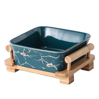 China Viable Small Size Marbling Wooden Frame Square Bowl Customized Printed Ceramic Bowl With Wooden Rack Splittable Tableware for sale