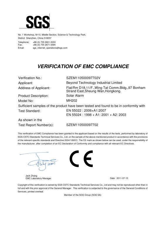 VERIFICATION OF EMC COMPLIANCE - Shenzhen Beyond Security Technology Ltd