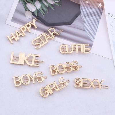 China Designer Simple Fashion Style Metal Alloy Word Hair Bangs Clip Women Jewelry English Letter Hairpin Women for sale