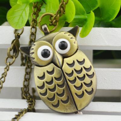 China New Golden Mirror Case Pedant Antique Necklace Men's Quartz Gold Pocket Watches Chain Owl Analog Pocket Watches for sale