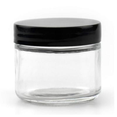 China Plastic Black Cap Luxury Skin Care 2oz Hair Product Containers Glass Cosmetic Jars Baby Hand Face Cream Glass Facial Jars With Black Sealing Lid for sale