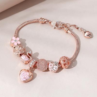 China Charm Heart Rose Gold Rhinestone Crystal Flower New Design Oil Free Drop Lead and Nickel Free Best Selling Bracelet for sale